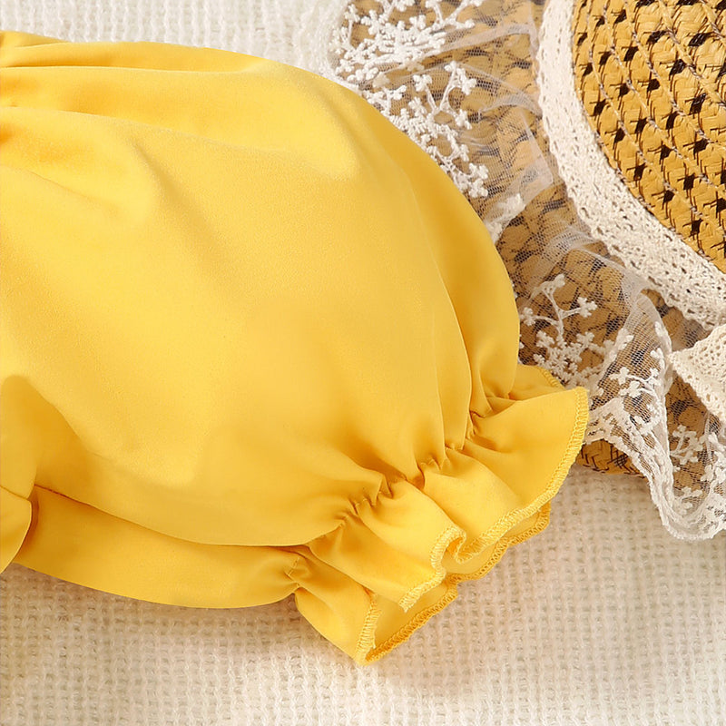 Girls Yellow Square Neck Short Sleeve Cross Waist Dress Casual Dresses
