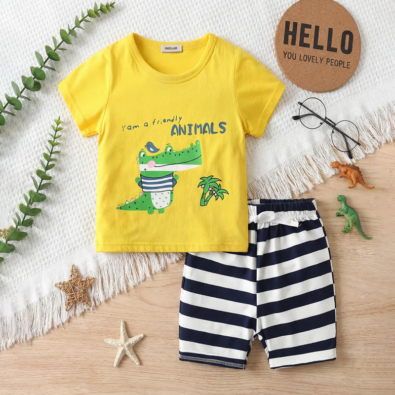 Boys Yellow Crocodile Cartoon Printed T-Shirt With Stripes Shorts Set Sets Yellow 1-2 Y
