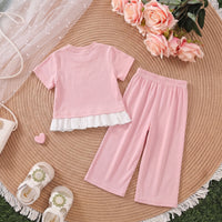 Girls Pink Short Sleeve Bow Applique T-Shirt With Pants Sets 2 pc. Sets
