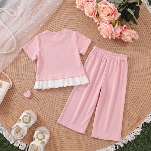 Girls Pink Short Sleeve Bow Applique T-Shirt With Pants Sets 2 pc. Sets