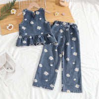 Girls Blue Denim Daisy Print Peplum Top With Pants Co-ord Sets Sets