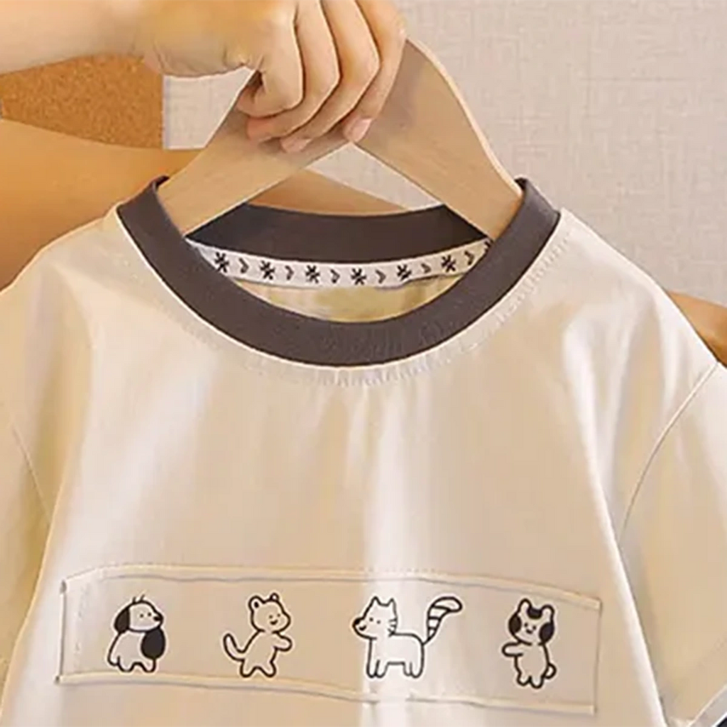 Boys Beige Animals Printed Short Sleeves T-Shirt With Denim Shorts Sets Sets