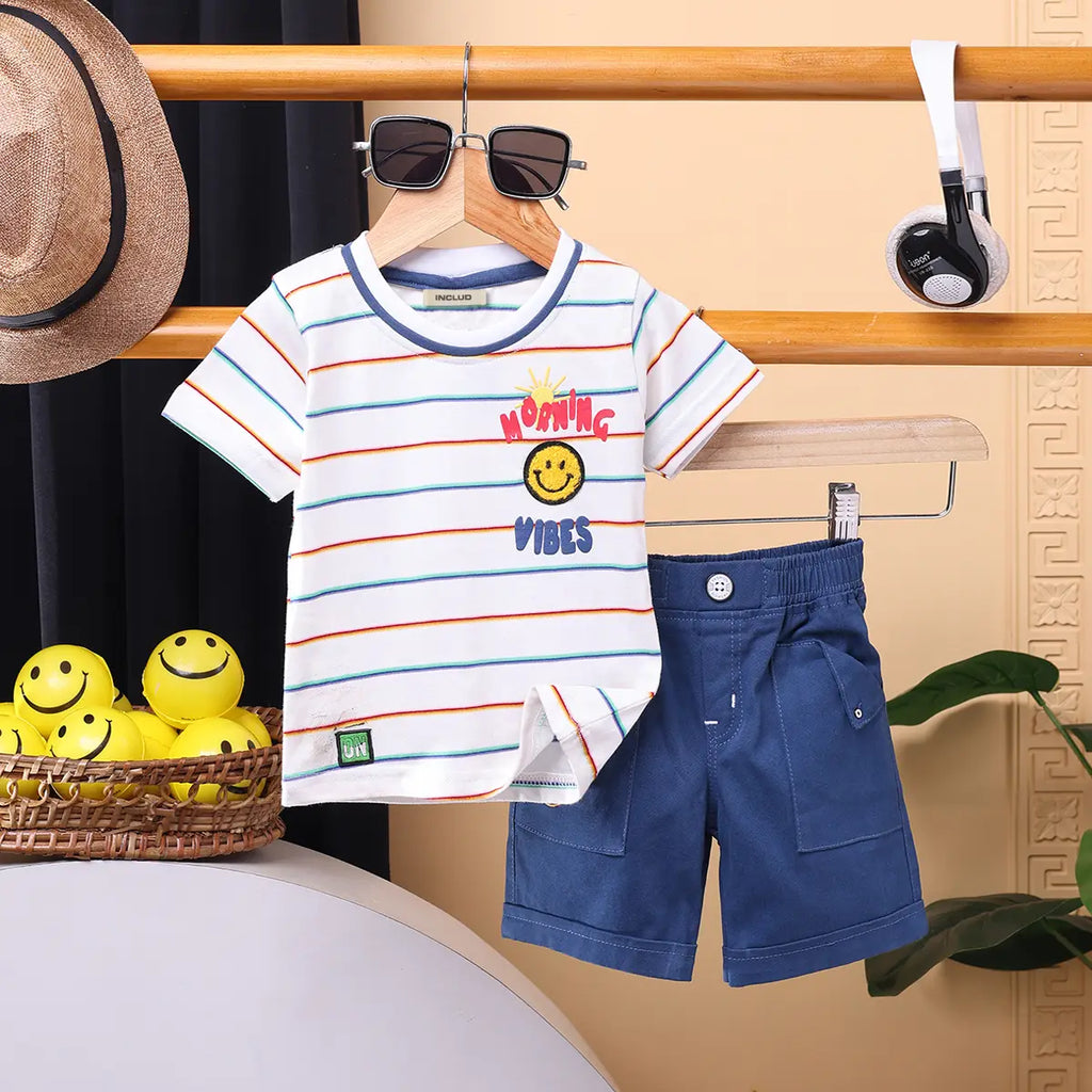 Boys White Stripes Applique T-Shirt With Elasticated Shorts Sets 2 pc. Sets White 0-3 M