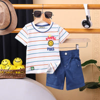 Boys White Stripes Applique T-Shirt With Elasticated Shorts Sets 2 pc. Sets White 0-3 M