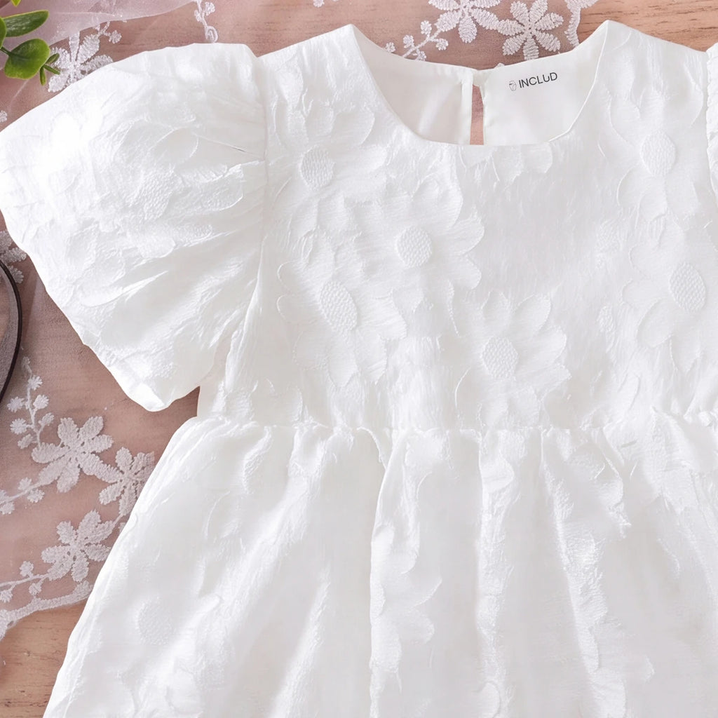 Girls White Self-Design Puff Sleeve Fit & Flare Dress Casual Dresses