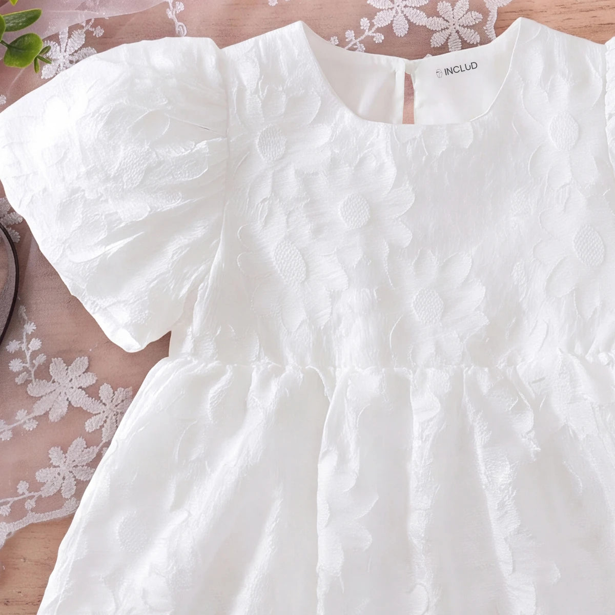 Girls White Self-Design Puff Sleeve Fit & Flare Dress Casual Dresses