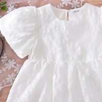 Girls White Self-Design Puff Sleeve Fit & Flare Dress Casual Dresses