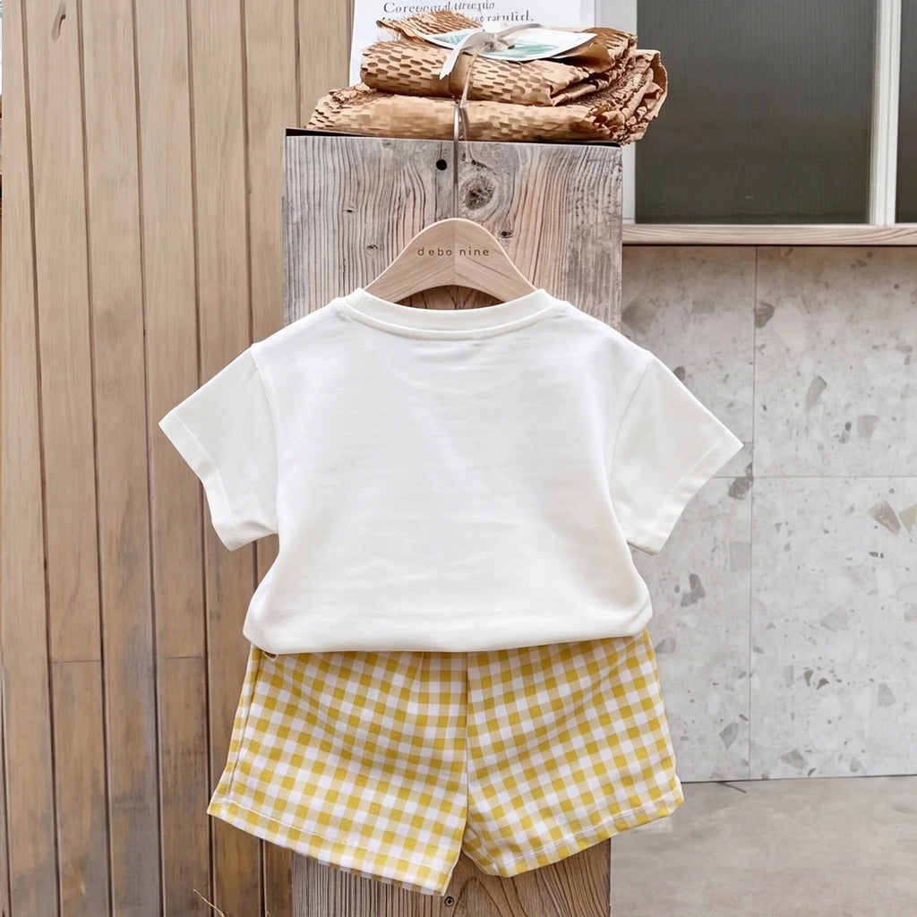 Boys White Short Sleeve Animal Print T-Shirt With Checked Shorts Sets 2 pc. Sets