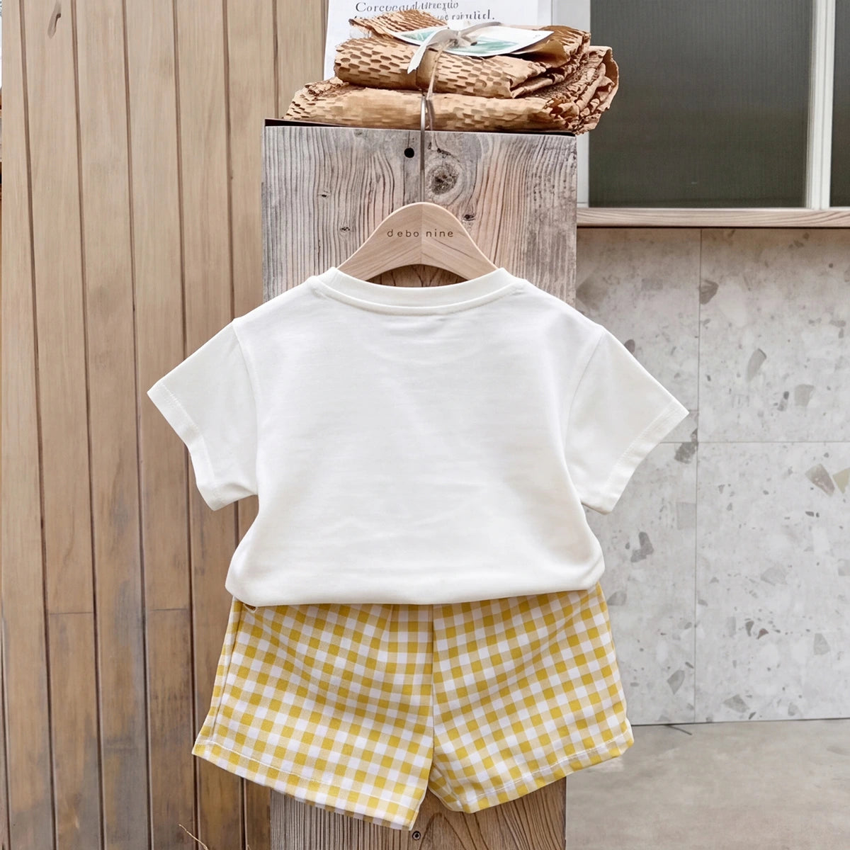 Boys White Short Sleeve Animal Print T-Shirt With Checked Shorts Sets 2 pc. Sets