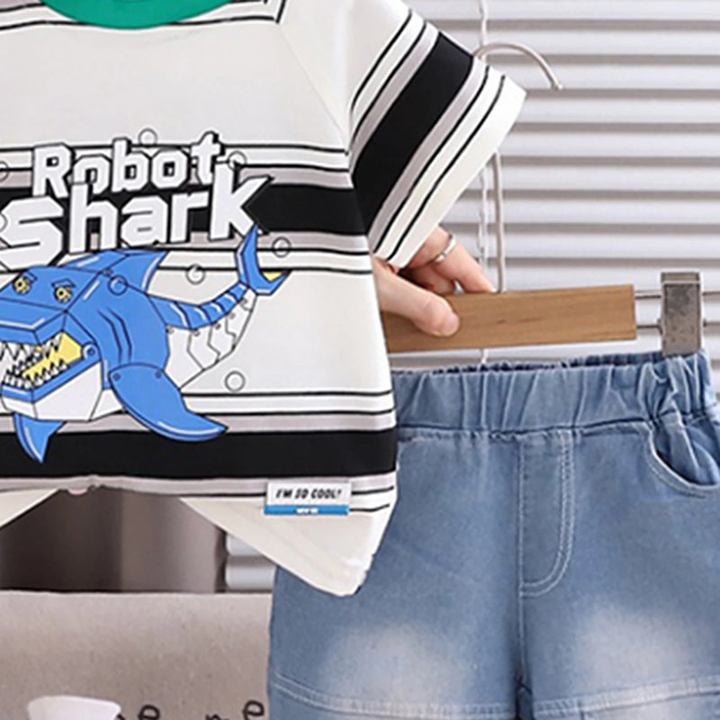 Boys Off White Robot Shark Graphic T-Shirt With Denim Shorts Sets Sets