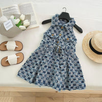 Girls Blue Checked Distressed Sleeveless A-Line Dress Casual Dresses Blue 1-2 Y