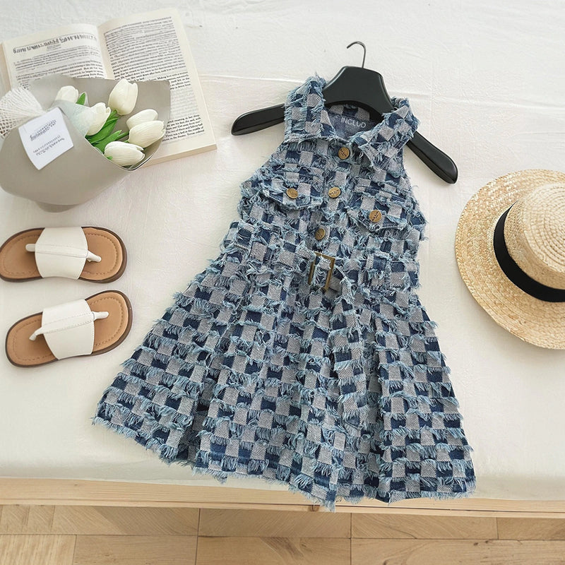 Girls Blue Checked Distressed Sleeveless A-Line Dress Casual Dresses Blue 1-2 Y