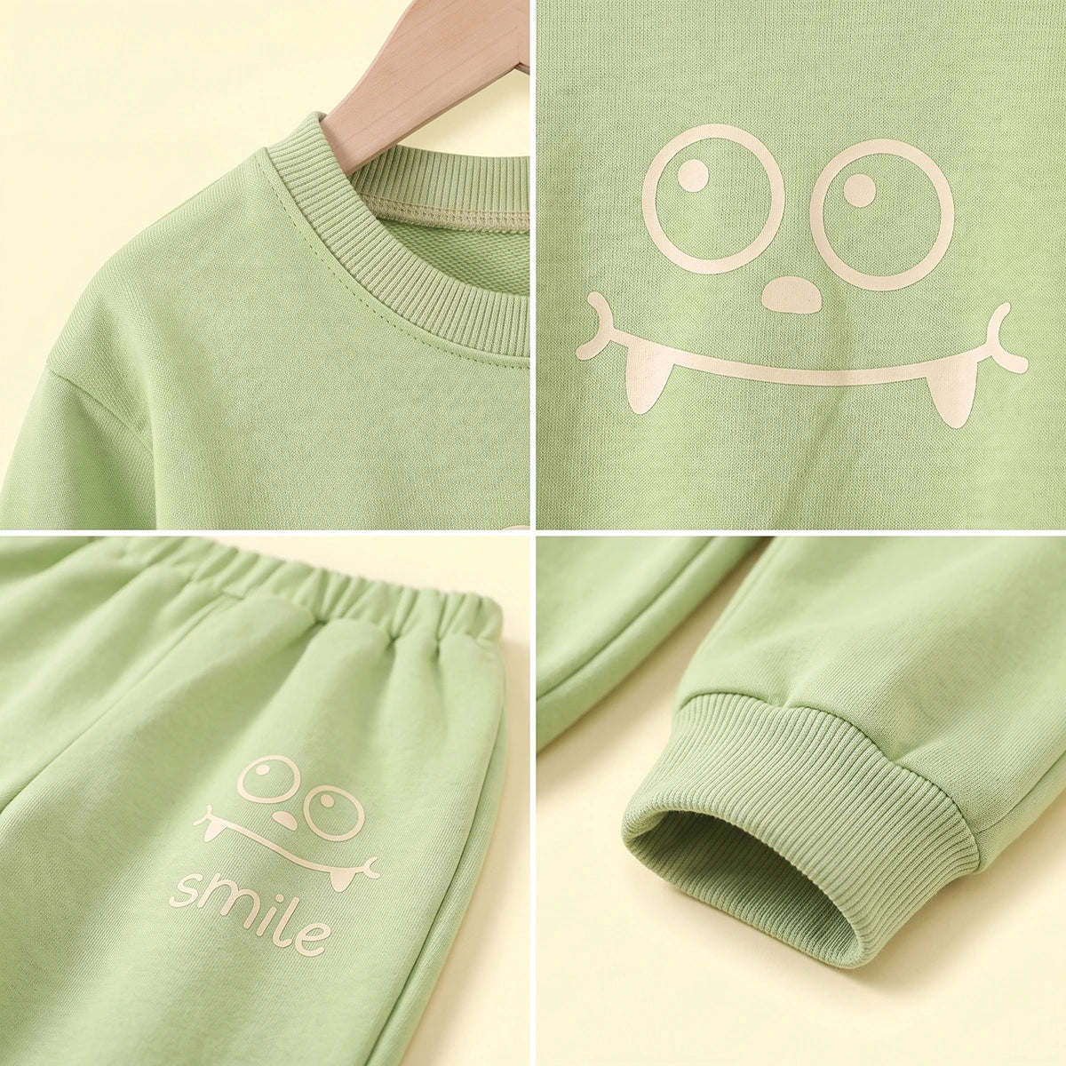 Boys Light Green Smiley Printed Sweatshirt & Joggers Co-ord Sets Sets