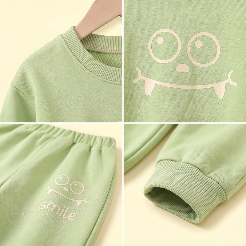 Boys Light Green Smiley Printed Sweatshirt & Joggers Co-ord Sets Sets