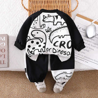 Boys White Dinosaur Printed Zipper Jacket with T-shirt & Joggers Set Sets
