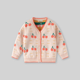 Girls Apricot Cardigan With Self-Design Cherry Patterns Sweaters & Cardigans