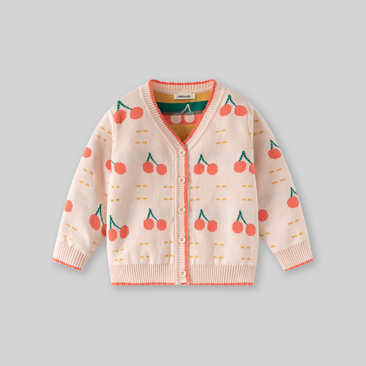 Girls Apricot Cardigan With Self-Design Cherry Patterns Sweaters & Cardigans