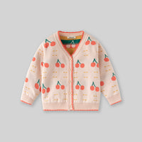 Girls Apricot Cardigan With Self-Design Cherry Patterns Sweaters & Cardigans