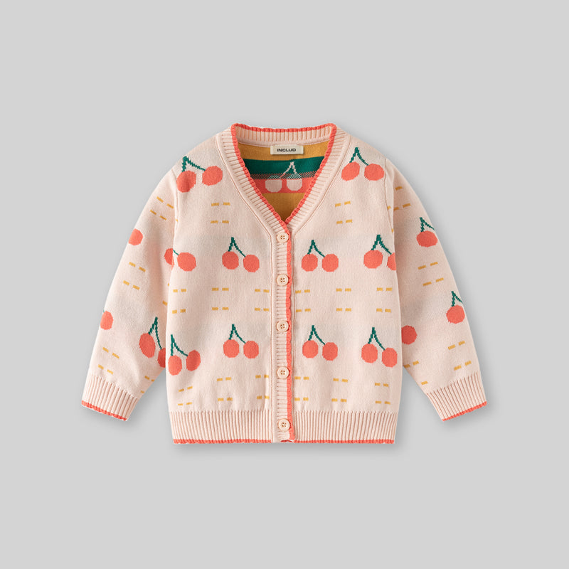 Girls Apricot Cardigan With Self-Design Cherry Patterns Sweaters & Cardigans
