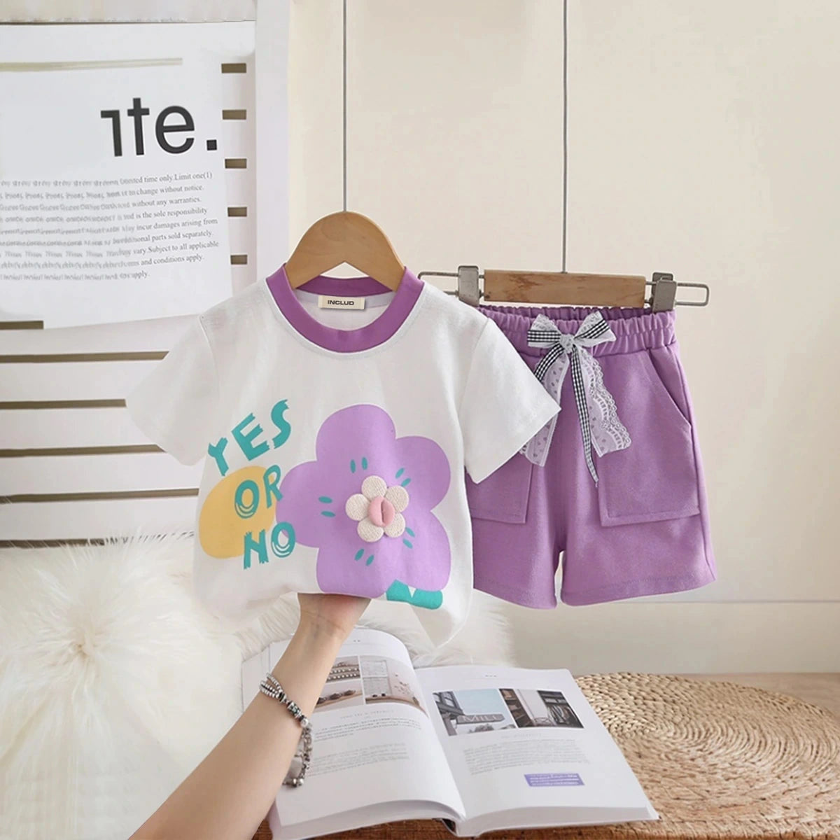 Girls Purple Flower Print Short Sleeves T-Shirt With Shorts Set Sets Purple 1-2 Y
