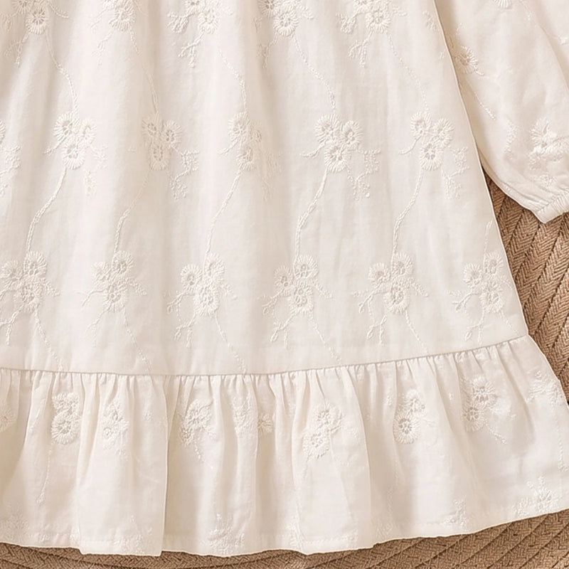 Girls Off White Floral Self-Design Puff Sleeve A-Line Dress Casual Dresses