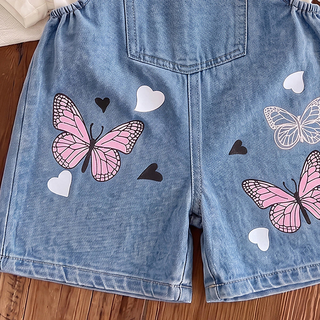 Girls Blue Butterfly Print Adjustable Strap Dungaree Jumpsuits