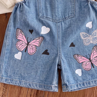 Girls Blue Butterfly Print Adjustable Strap Dungaree Jumpsuits