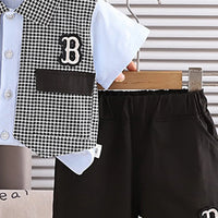 Boys Blue Houndstooth Fake waistcoat Shirt With Shorts Sets Sets