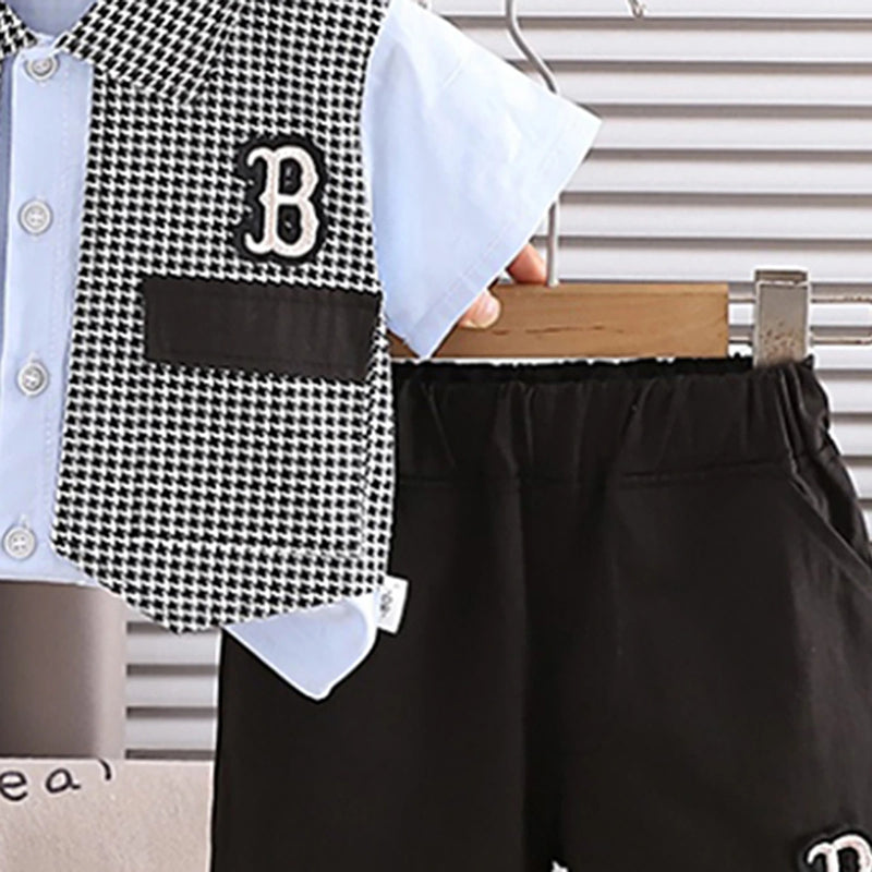 Boys Blue Houndstooth Fake waistcoat Shirt With Shorts Sets Sets