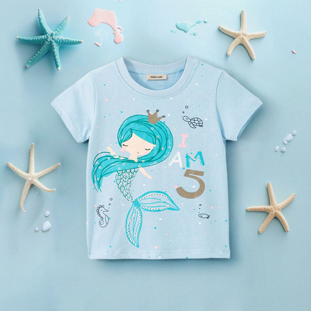 Girls Mermaid Print Short Sleeves T-shirt Tshirts Blue 1-2 Y 