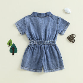 Girls Blue Denim Button Front Short Sleeve Romper With Bow Detail Playsuits