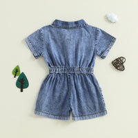 Girls Blue Denim Button Front Short Sleeve Romper With Bow Detail Playsuits