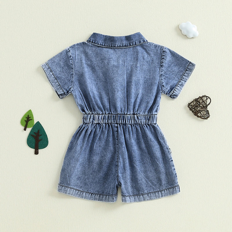 Girls Blue Denim Button Front Short Sleeve Romper With Bow Detail Playsuits