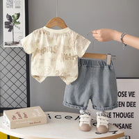 Boys Beige Typographic Printed Short Sleeve T-shirt With Denim Shorts Sets 2 pc. Sets