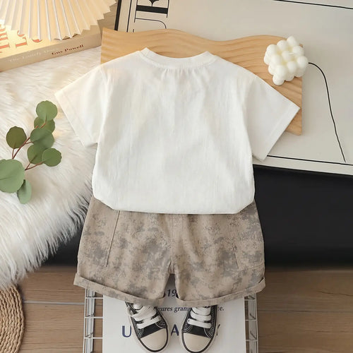 Boys White Typographic Printed Short Sleeve T-Shirt With Elasticated Shorts Sets 2 pc. Sets