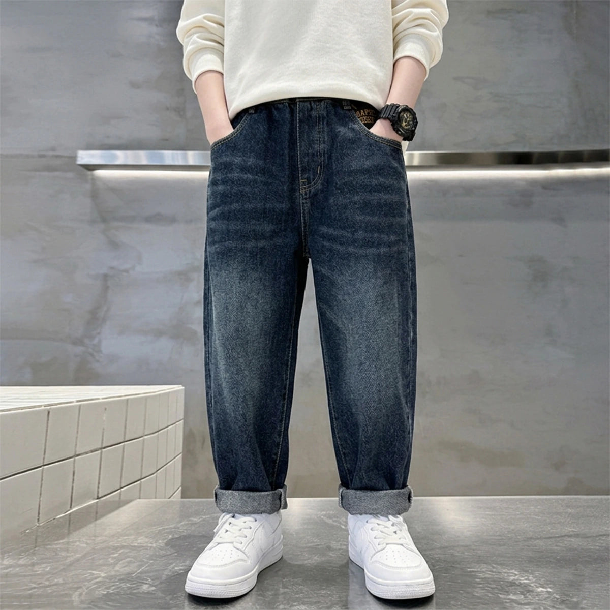 Boys Dark Blue Relaxed Fit Whiskers Effect Denim Jeans Pants Dark Blue 5-6 Y