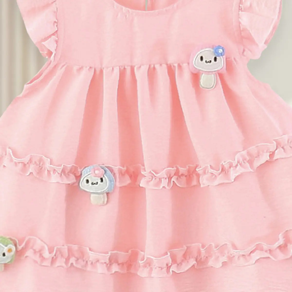 Girls Light Pink Mushroom Applique Round Neck Tiered Dress Casual Dresses