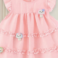 Girls Light Pink Mushroom Applique Round Neck Tiered Dress Casual Dresses