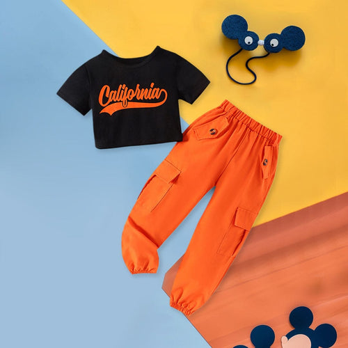Girls Printed Crop Tee with Joggers Set Sets Orange 4-5 Y 
