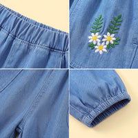 Girls Blue Floral Embroidered Pants Pants