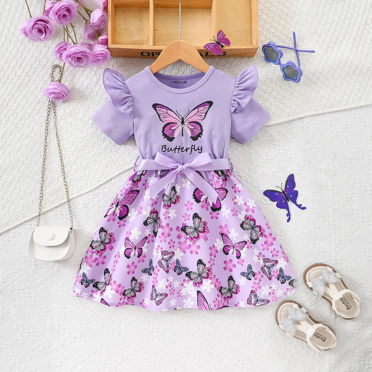 Girls Lavender Butterfly Print Flutter Sleeve Fit & Flare Dress Casual Dresses Lavender 3-4 Y