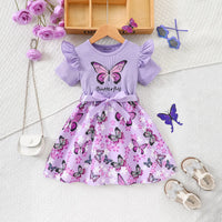 Girls Lavender Butterfly Print Flutter Sleeve Fit & Flare Dress Casual Dresses Lavender 3-4 Y