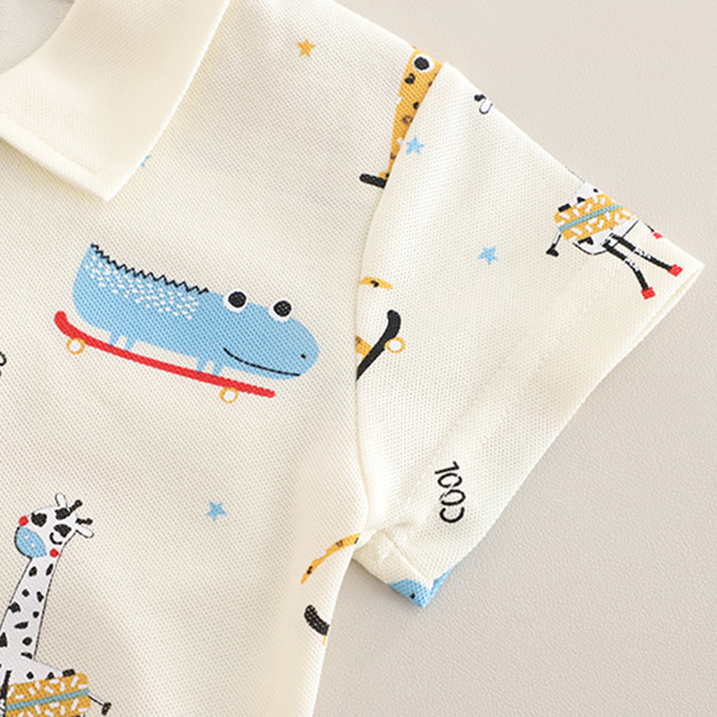 Boys Off White Animals Printed Polo T-Shirt With Denim Shorts Set 2 pc. Sets