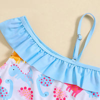 Girls White Dinosaur Printed One Shoulder Top With Briefs Swimwear Sets Sets