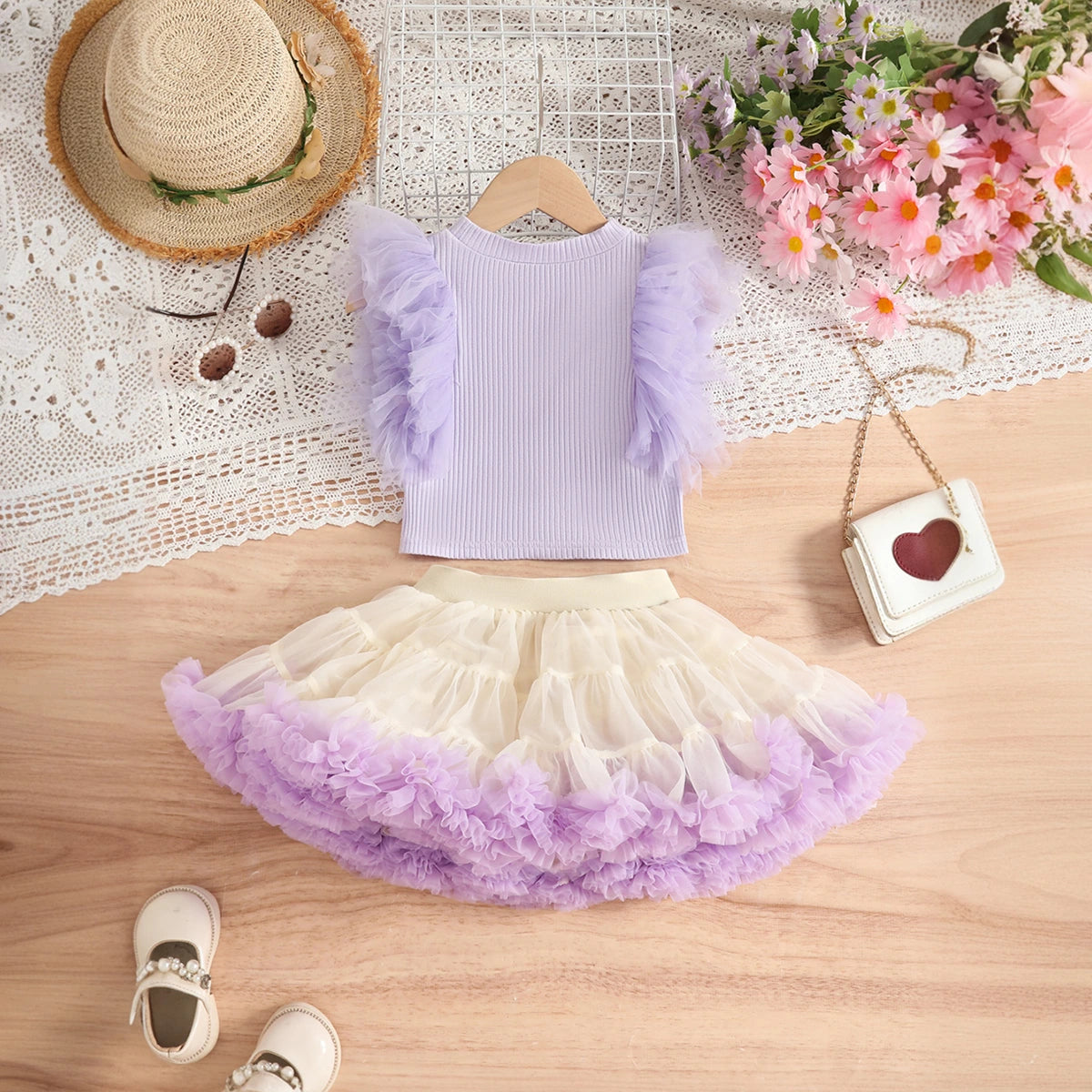 Girls Purple Ruffle Top With Tiered Tulle Skirts Set Sets