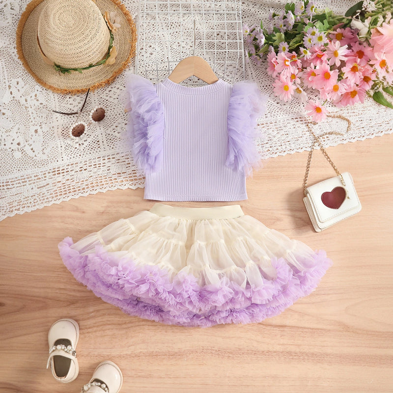 Girls Purple Ruffle Top With Tiered Tulle Skirts Set Sets