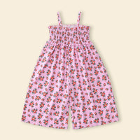 Girls Pink Sleeveless Floral Printed Smocked Long Length Jumpsuit Jumpsuits