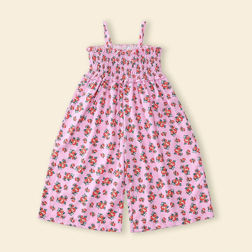 Girls Pink Sleeveless Floral Printed Smocked Long Length Jumpsuit Jumpsuits