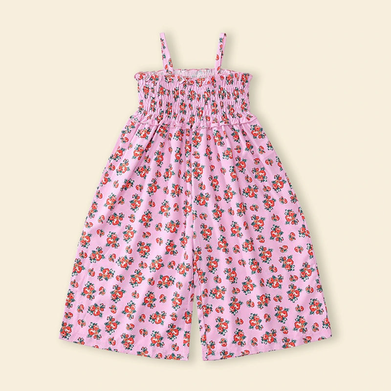 Girls Pink Sleeveless Floral Printed Smocked Long Length Jumpsuit Jumpsuits