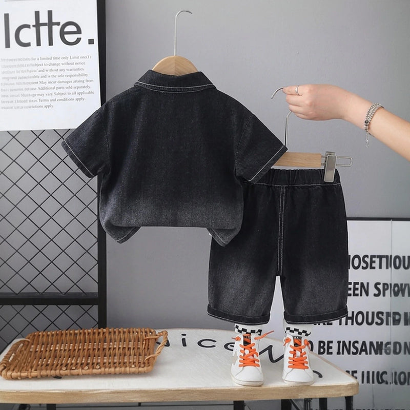 Boys Black Short Sleeve Denim Shirt With Printed T-Shirt And Shorts Sets 3 pc. Sets